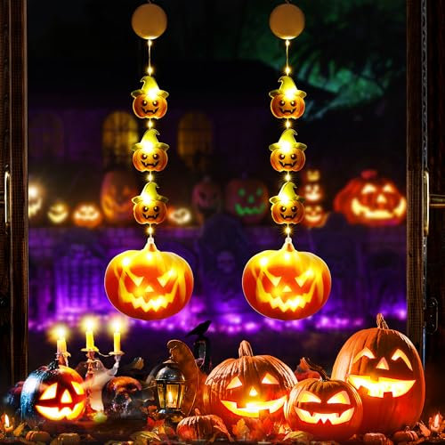 PhilzOps Halloween Fenster Lichter, 2 Stück 13 LED Herbst Deko Kürbis Fenster Lichterketten Innen Batterie mit Timer Hängende Halloween Fensterlichter für Garten Balkon Haus Tür Party Bäume, Warmweiß