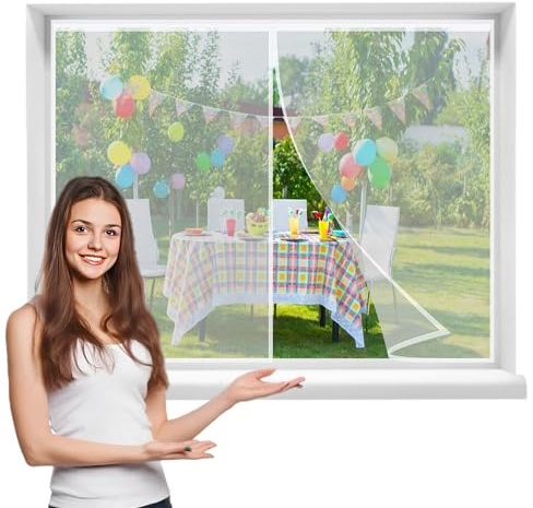 Mosquitera Magnética para Ventanas, 110x105cmCortina Mosquiteras Magnética para Ventanas Abatible Balcón VentanasCorredera de Patio,Fácil de Instalar ，Blanca
