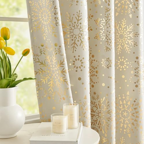 Beige Gold Blackout Curtains Snowflake Print Curtain Panels for Living Room 54inch Medallion Floral Energy Saving Keep Warm Window Curtains for Winter Bedroom Xmas Thermal Drapes for Holiday 2pcs