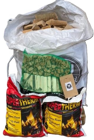 Jumbo Bulk Bag of Premium Mixed Hardwood Firewood Kiln-Dried Logs, 0.8m, 2 x 25kg Bags of Super Therm Smokeless Coal, 2 Bags of Kindling & 50 Natural Firelighters