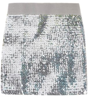 FFWTPY Gonna Donna Paillettes Estate Primavera Autunno Alta Vita Elastica Elegante Chic Mini Gonne Sexy Mezzo Vestito per Danza Street Club Party Corta (Argento)