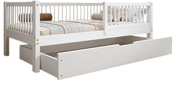 TIMBEE - Alfi Box - Kinderbett 70x140 mit Schublade - Bett Weiß - Einzelbett für Kinder mit Lattenrost und Rausfallschutz Abnehmbar - Belastbar bis 100 kg - aus Kiefernholz Klasse 1