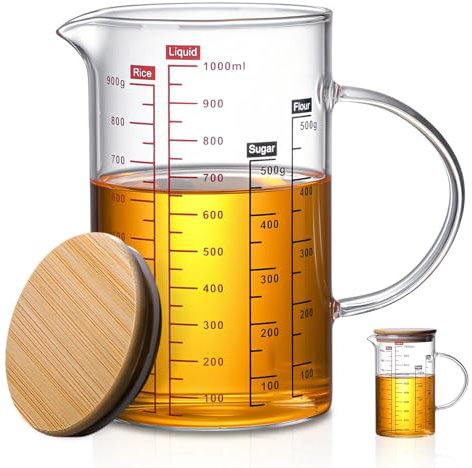 WANDGU Jarra Medidora Cristal 1L: Vaso Medidor Graduado de Vidrio, con Tapa de Bambú Vaso Medidor Cristal, Taza Medidora de Leche, Taza de Vidrio Graduado de Borosilicato para Zumo, Leche, Cocina