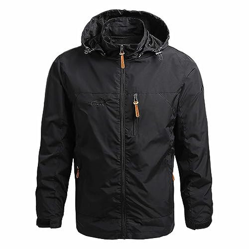 Wasserdichte Softshelljacken für Herren, leichte Herrenjacken mit Kapuze und Reißverschlusstaschen, Windjacke, Übergangsjacke für Jagd, Angeln, S-5XL, Schwarz , M
