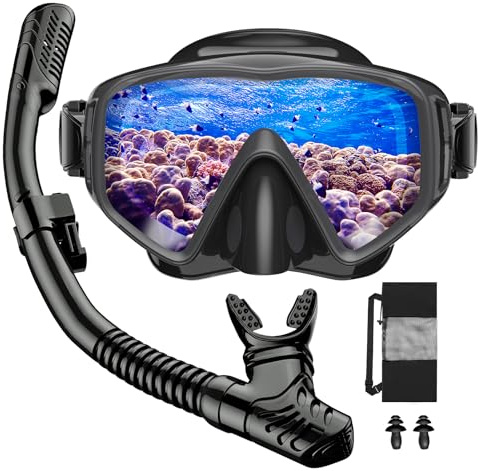 JEMULICE Gafas y Tubo de Snorkel Set para Adulto, Panorámico de 180° Gafas de Buceo Adulto de Cristal Templado y Dry Top Snorkel, Equipo de Buceo Profesional para Mujeres Y Hombres