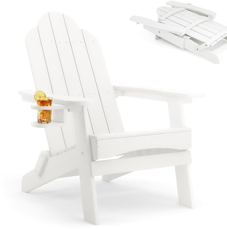 LUE BONA Adirondack Stuhl Klappbar aus Wetterfestem HDPS - 17.1 kg Schwerer Gartenstuhl mit Holzmaserung für Garten, Weiß