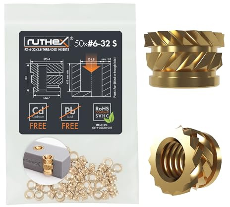 ruthex Gewindeeinsatz #6-32 UNC SHORT - 50 Stk. RX-6-32x3.8 BLEIFREIE Gewindebuchse aus Messing - stabile Einpressmutter - zum Einschmelzen einer Gewindehülse in 3D-Druck-Teile aus Kunststoff