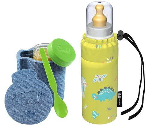 Emil Baby-Set – Thermo-Essglas mit Schraubverschluss, Thermobecher & Löffel – Babyflasche aus Glas, BPA-frei & schadstofffrei inkl. Latexsauger (0-6 Monate) & Anti-Kolik-Ventil - Dinosaurier