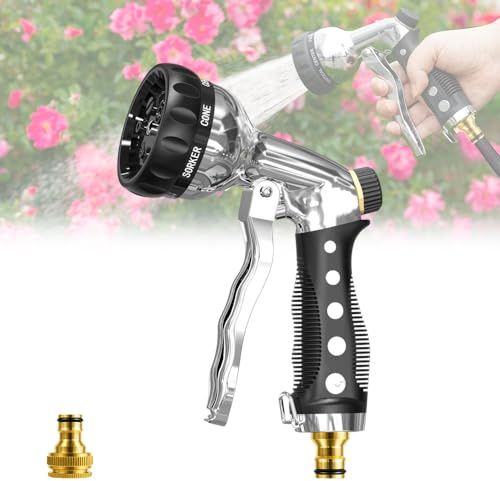 WDKXCN Alcachofa de jardín de metal, 8 funciones de pulverización, alcachofa de mano para jardín, flujo de agua ajustable de alta presión, manguera de jardín para riego, lavado de coche, limpieza