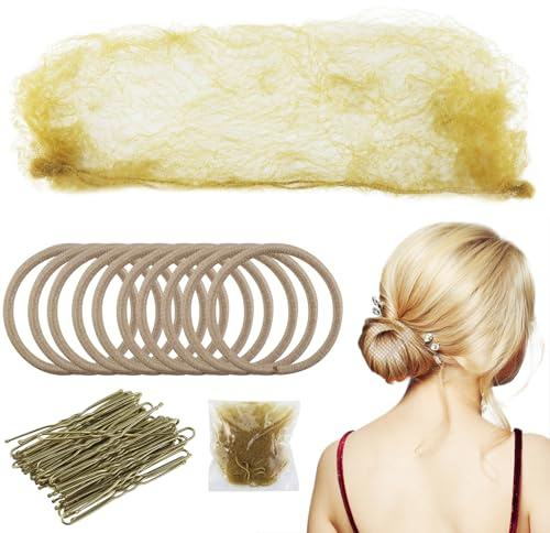 32 filets à cheveux invisibles avec bord élastique avec 40 épingles à cheveux et 12 bandeaux pour femme pour chignons de ballet, avec bord élastique, filet à nœuds, blond