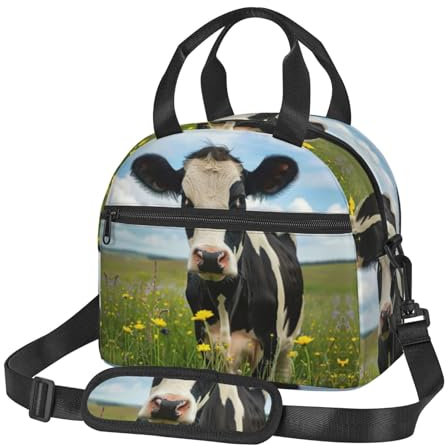 Kfjghhl Lonchera de vaca lechera para mujer, amplia apertura, portátil, con bolsillo, térmica, para adultos, picnic, playa