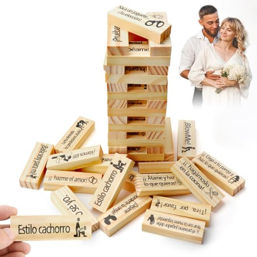 48 Piezas Español Juego de Torre de Bloques Súper Traviesos, Bloques apilables de Torre para Parejas, Juegos de Parejas de Madera para Adultos, Juegos Hot para Adultos para Novia, Novio/Esposa Marido