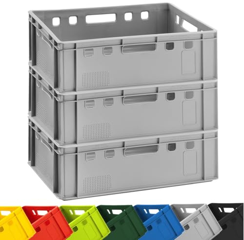 Fleischkiste E2 60x40x20cm Grau Eurobox Stapelkiste 3er Set Lagerbox Robust | BURI Metzgerkiste Made in Germany, lebensmittelecht, stapelbar und robust als Lagerbox und Transportbehälter aus Kunststoff