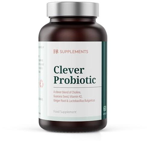 Clever Probiotic – Freeze-Dried Lactobacillus Bulgaricus for Gut Health & Daily Digestive Balance – Ginger Root, Choline & Guarana for Energy & Focus – Halal, Non-GMO, Gluten-Free – 60 Capsules