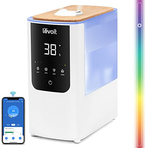 Levoit Humidifier for Bedroom Home, Smart Warm and Cool Mist Air Humidifier for Large Room, Auto Customized Humidity, Custom Light, Easy Top Fill, Essential Oil, 26dB Quiet, Voice Control, White