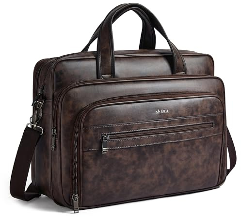 Shrrie läder messengerväska för män och kvinnor 43 cm läder laptopväska, vattentålig stor axelväska kontor, arbete, Kaffe, Medium