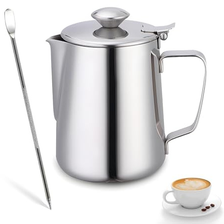 Tianher Milchkännchen Edelstahl,Milchkännchen mit Deckel Milchkanne mit Latte Art Pen Handheld Milchkanne Edelstahl Milch Pitcher Schaumbecher Milchschaum Kanne für Espresso Cappuccino Latte Barista