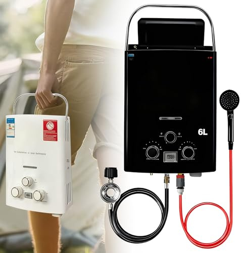 aromaoveite Chauffe-Eau À Gaz Portable, Chauffe-Eau Instantané À Gaz Extérieur, 6 L 1,58 Gpm, 41 000 Btu, avec Affichage LED, Protection Contre La Surchauffe, Adapté pour Camping-Car, Camping Black