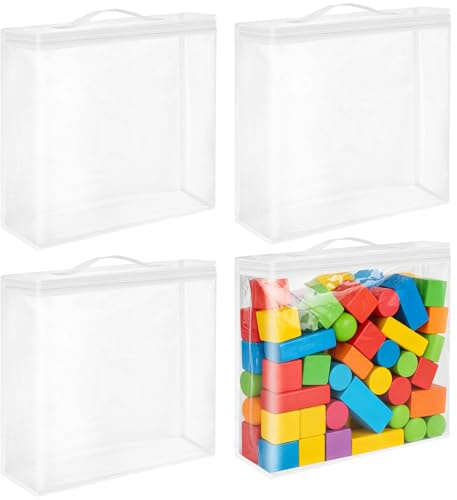 DARENYI 4Pcs Toy Storage Bags with Zips, PVC Clear Waterproof Toy Organiser Bags with Handle, Portable Toy Storage Organiser for Building Blocks, Puzzle, Kids Books, Stuffed Animals