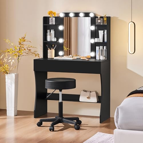 Yaheetech Dressing Table with Mirror and 10 LED Lights, Vanity Desk with 3 Colour Modes, Makeup Desk with Drawer and 5 Storage Shelves for Bedroom, Living Room, 90 x 40 x 136 cm, Black