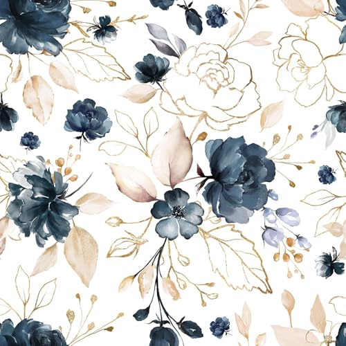 BKSTICK Navy Blue Floral Peel and Stick Wallpaper Self Adhesive Removable Thick Vinyl Watercolor Botanical Flower Gold Line Accent for Bedroom Bathroom Living Room Accent Wall 17.7 × 118