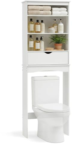HOKEEPER Mobile Sopra WC Bianco, Armadio Bagno Alto Indipendente con 3 Scaffali Aperti e Cassetto