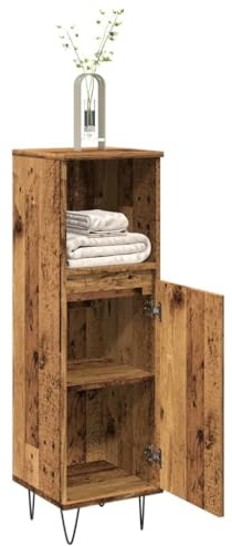 Runheo Badskåp gammalt träutseende 30 x 30 x 100 cm, trämaterial, Pedestal Sink Storage Cabinet, fuktbeständigt, med järnfötter, under handfatsskåp, för badrum