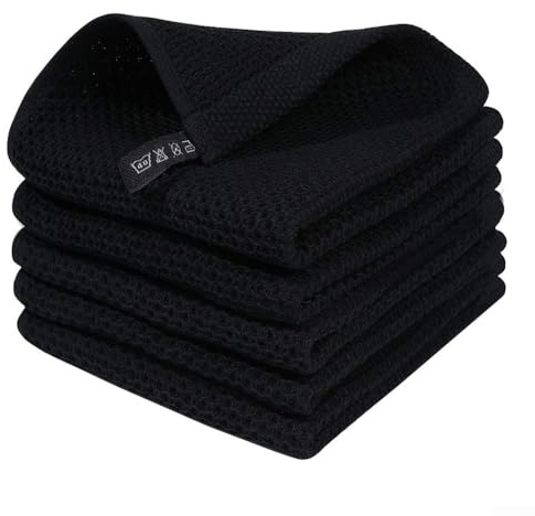 EasyByMall Kitchen Towels, 5 Pack Pure Cotton H ycomb Waffle Towel Set 30x30cm with Hooks Easy Clean Dishcloth Tea Towels(black)