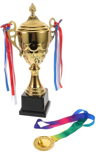 ELAYARD Set Trofei e Medaglie Oro per Competizioni Sportive, Coppa Campionato 42 Cm con Medaglia Premio e Nastro, Premio Completo per Scuole e Club Sportivi