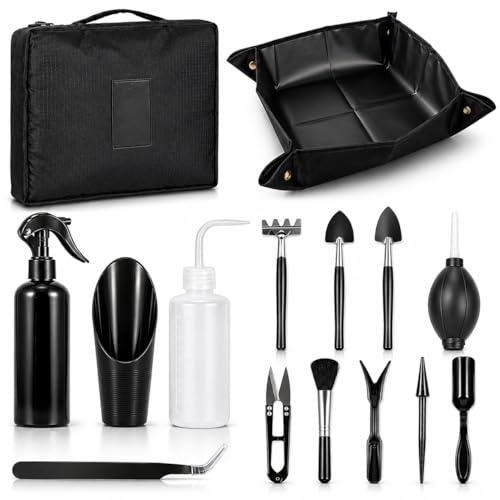 Bonsai Werkzeug Set, 15 Stück Mini Gartengeräte mit Aufbewahrungstasche | Pflanzen Werkzeug Set für Gartenarbeit, Umtopfen, Sukkulenten und Pflanzenpflege, Als Geschenk für Gartenliebhaber