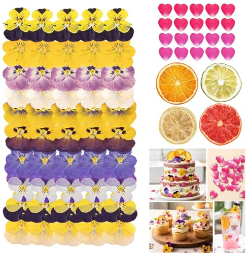 Celblisora 74 Stück Natürlich Getrocknete,Gepresste Essbare Blüten für Tortendekorationen und Cocktails, inklusive Stiefmütterchen, Herz Rosenblättern,Getrockneten Zitrusfruchtscheiben