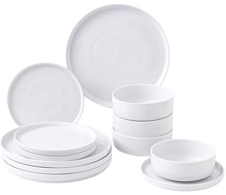 simpa 12PC White Vertical Edge Porcelain Dinner Set, 4 Dinner Plates, 4 Side Plates & 4 Bowls, Dishwasher & Microwave Safe