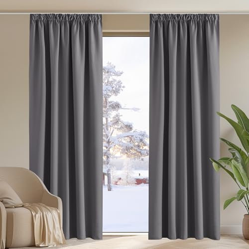 PONY DANCE Extra Breite Gardinen mit Kräuselband Thermovorhang Kälteschutz 2er Set H 228 x B 228 cm Verdunklungsgardine Grau Wohnzimmer Vorhang Blickdicht Schiene