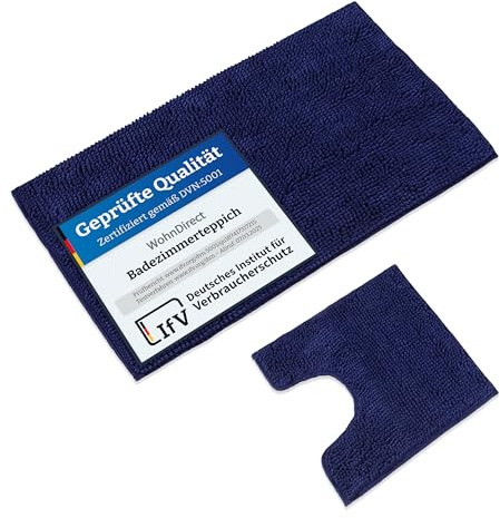 WohnDirect Badematten & Badteppiche Set 2 teilig Blau • WC Vorleger mit Ausschnitt 45x45cm + Badematte rutschfest 70x120cm groß • Badvorleger rutschfest waschbar • Badezimmerteppich ÖkoTex