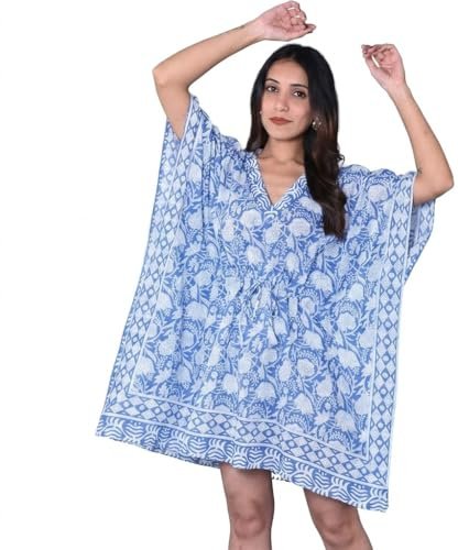 Rastogi Handicrafts 100 % bomull handblock tryck täcka strand kaftan damtryck baddräkt kaftan 4, Flerfärgad