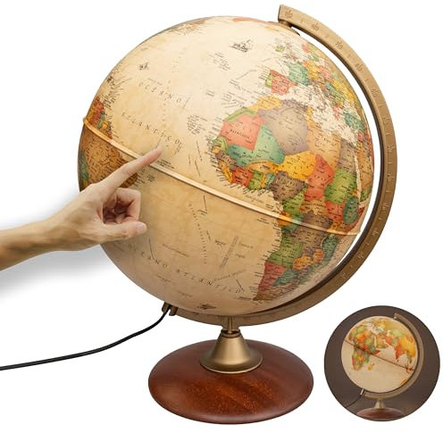 Interkart Globo terraqueo Iluminado 30cm, Pie de Madera, Cartografía en el Estilo Antiguo, Idioma español