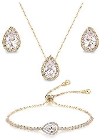 UDYLGOON Tearsdrop Earrings Necklace Jewelry Set For Bride Bridesmaids Wedding Prom Formal Party (3 Set-18K Gold Plated)