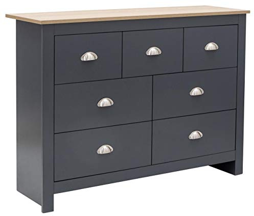 GFW Lancaster Slate Blue and Oak 7 Drawer Merchant Chest of Drawers, Country Style Bedroom Storage Unit with Oak Effect Top