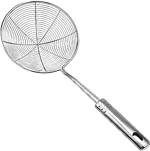 Strainer Skimmer Ladle Stainless Steel Wire Skimmer Spoon, Ergonomic Handle and Spider Mesh Filter with Handle for Kitchen Frying Food, Pasta, Spaghetti, Noodl (20cm)