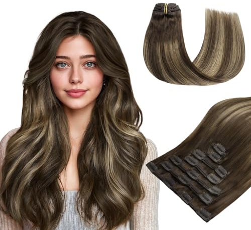 hotbanana Clip In Extensions Echthaar 55cm Haarverlängerung 120g 7 Stück | Schokoladenbraun mit Honigblonden Strähnchen Unsichtbar Remy Echthaar, Doppelschuss, Leicht zu Tragen,