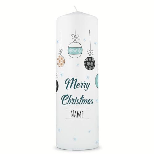 GRAVURZEILE Bedruckte Kerze - Weihnachtskugeln - Weihnachtskerze personalisiert mit Namen - Kerze als Geschenk zu Weihnachten - Hochwertige Stumpenkerze Weiß 250/80 mm - Farbe Blau