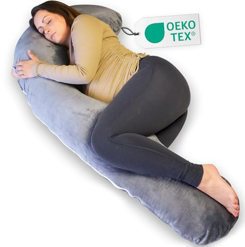 Ella Schwangerschaftskissen, J-förmiges Seitenschläferkissen, U-Kissen, Stillkissen mit waschbarem Minky-Bezug, Ganzkörperkissen & Stützkissen für Frauen, Seitenschläfer - 155 x 80 cm, grau