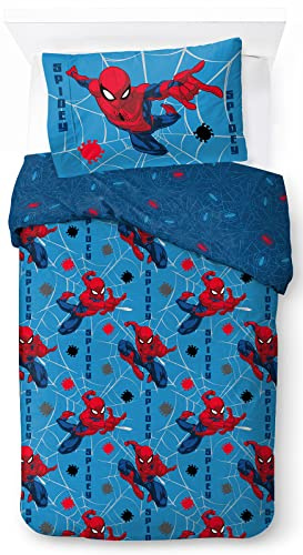 Jay Franco Set biancheria da letto per bambini Marvel Spiderman Spidey Faces 100% cotone 135 x 200 cm Dimensioni letto singolo - Copripiumino + federa 50 x 70 cm