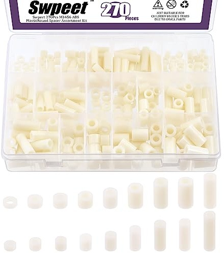 Swpeet Abstandshalter aus Nylon, rund, Abstandshalter, Schraubenmuttern, Sortiment, Nylon, ABS-Kunststoff, Länge 3 mm, 5 mm, 6 mm, 8 mm, 10 mm, 12 mm, 18 mm, 20 mm, 25 mm, für Schrauben, Prototyping,