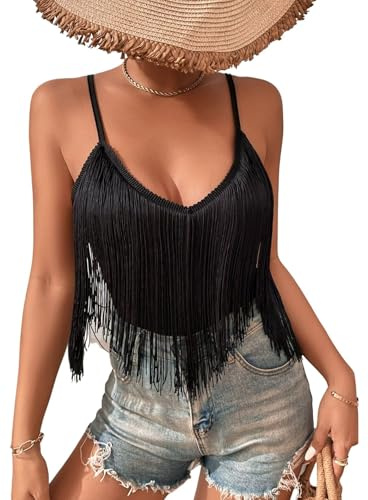 Womens Fringe Tank Top - Rave Festival Cowgirl Outfit Western Cami Shirt | Sexy V Neck, Sleeveless, Tassel Hem, Adjustable Spaghetti Straps, Ladies Cowboy Country Concert Outfits, Summer Rodeo Vest