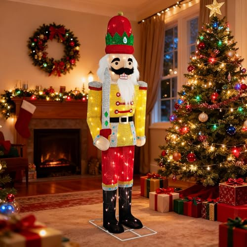 GOPLUS Soldado Cascanueces de Navidad166 cm, Decoración de Navidad Exterior con 100 Luces LED y Base de Metal, Figure Navideña para Jardín Patio