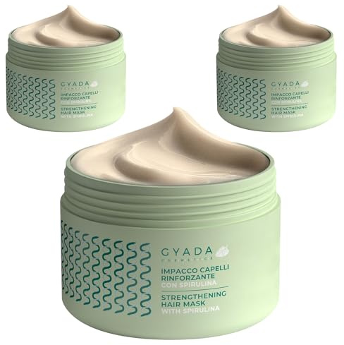 Gyada Cosmetics, Impacco Capelli Rinforzante con Spirulina, Nutriente, Anticaduta, Contrasta Doppie Punte, Indicato per Capelli Fragili, con Avena e Ginseng, 3 x 250 ml
