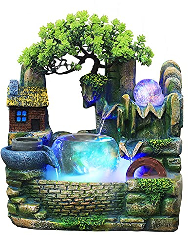 Zimmerbrunnen LED mit Nebel und Rollender Kugel, Tischbrunnen Wasserfall Brunnen Farbwechsel Wasserspiel Nebel Befeuchtung Simulation Harz Aquarium Wasserbrunnen Schlafzimmer Wohnzimmer Studie