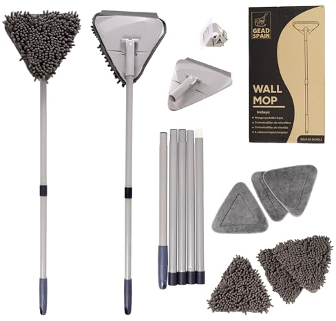 GEAD - Mopa para Limpiar Azulejos y Paredes - Mopa de Limpieza Suelos - Mopa Triangular giratoria 360 - Trapeador de Limpieza Limpia Azulejos Extensible con Colgador y 6 recambios Trapos Microfibra