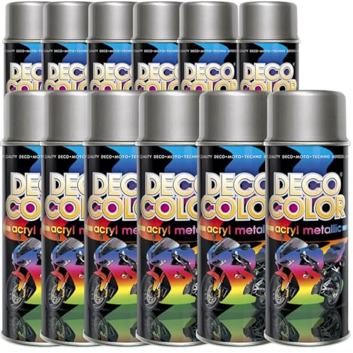Deco Color 12er Sparpack Lackspray SILBER 400ml - Sprühlack mit Effekt für z.B. KFZ, Fahrrad (12 Dosen Lackspray Silber mit Metallic-Effekt)